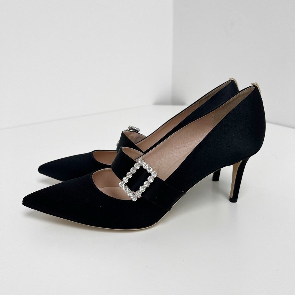 SJP BY SARAH JESSICA PARKER Black Satin Highgate  Embellished Buckle Heels Sz 41